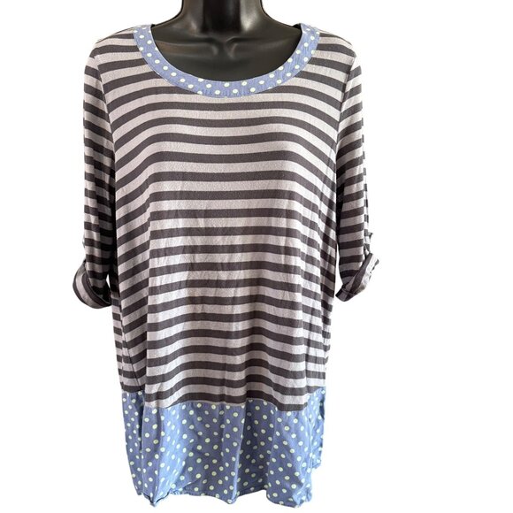 Matilda Jane Womens Top M Striped Polka Dot Tunic Gray Blue Lightweight - Picture 1 of 7